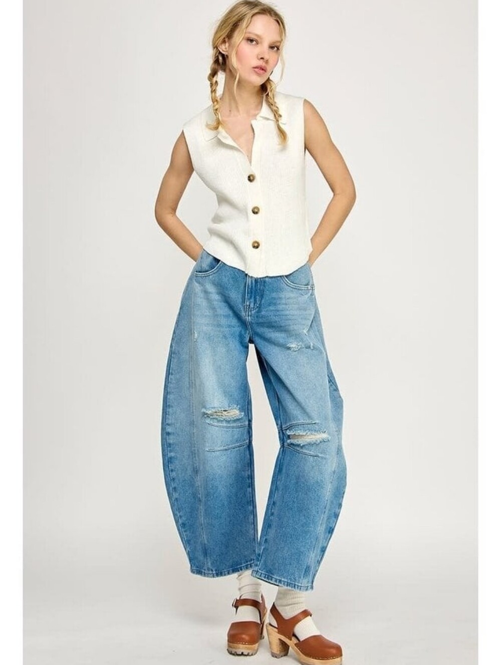 We The Free Good Luck Mid-Rise Barrel Jeans Barnyard Blue Sz 30 Boho Streetwear